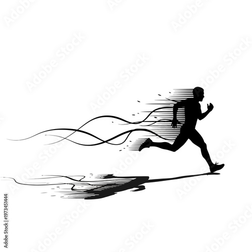 Silhouette of a runner in motion with abstract streaks of speed and energy emanating from their body.