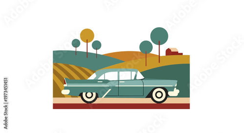 Vintage car drives through rolling hills and trees.