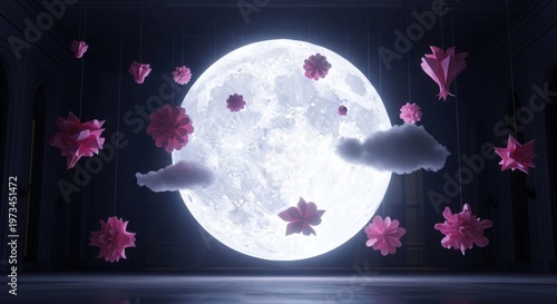 a large moon in the dark sky with pink flowers and clouds floating around it in a beautiful and sere