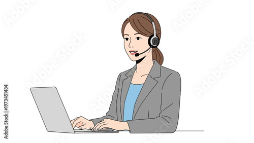A friendly female customer service representative wearing a headset and working on a laptop computer.
