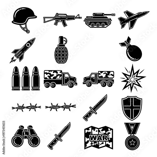 Collection of bold black military icons featuring a helmet, assault rifle, tank, fighter jet, rocket, grenade, bombs, bullets, camouflage trucks, explosion, barbed wire, combat