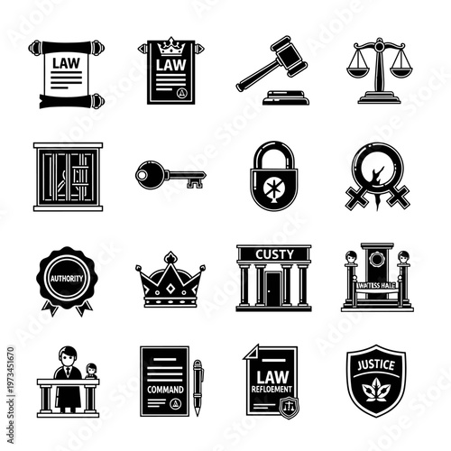 Collection of clean black and white vector icons representing legal concepts, including a gavel, scales of justice, courthouse, judge, prison bars, key, lock, scroll, crown, and