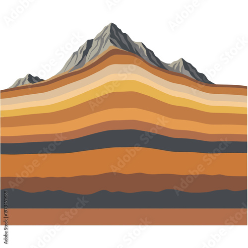 Cross-section of mountain layers showing geological strata and rock formations beneath the peak.