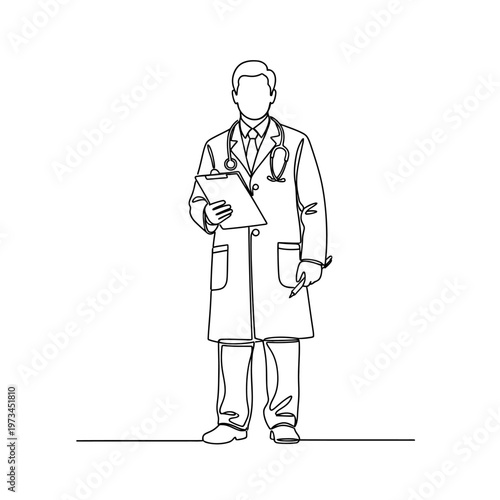Continuous line drawing of a doctor holding a clipboard and pen, wearing a lab coat and stethoscope.