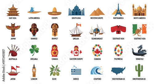 Collection of diverse cultural icons representing global landmarks, traditions, and symbols from various continents and nations, featuring clean lines, distinct shapes, and a