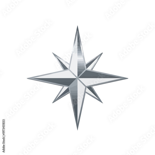 A metallic star-shaped compass rose symbol with eight points on a white background.