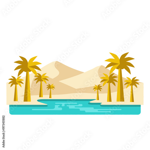 Stylized illustration of a desert oasis with palm trees and a body of water surrounded by sand dunes.