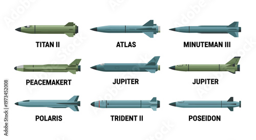 Collection of nine distinct missile types rendered in a clean, flat vector style, featuring precise geometric shapes, sharp lines, and a muted color palette of greens and blues,