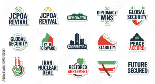 Collection of vector emblems and icons symbolizing international relations, diplomacy, global security, and peace accords, featuring clean lines, bold typography, and a palette of