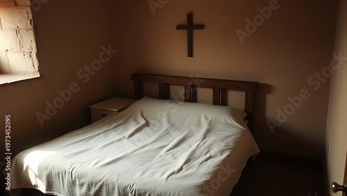 dormitory. Simple monastery dormitory with wooden bed and coarse linen sheets. event programs, museum guides, designed for cultural heritage projects and event programs, preserves heritage.