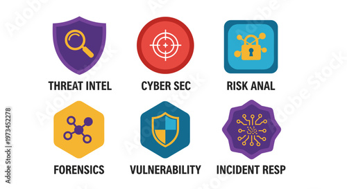 Cybersecurity icons representing threat intelligence, cyber security, risk analysis, forensics, vulnerability, and incident response with clean lines and bold purple, red, blue,