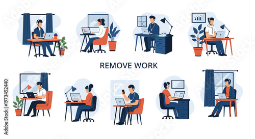 Diverse individuals working remotely from home offices, engaging in digital tasks on laptops, utilizing headphones for communication, with potted plants and windows framing their