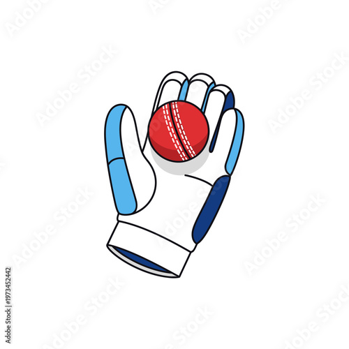Cricket glove with red ball.