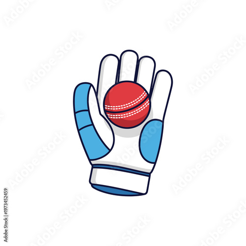 Cricket glove holding red ball.