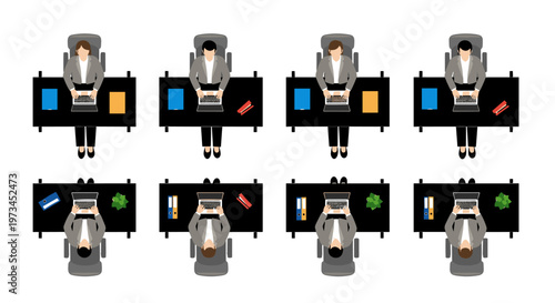 Diverse professionals, men and women, seated at sleek black desks, diligently typing on laptops, surrounded by organized office supplies like folders, staplers, and potted plants,