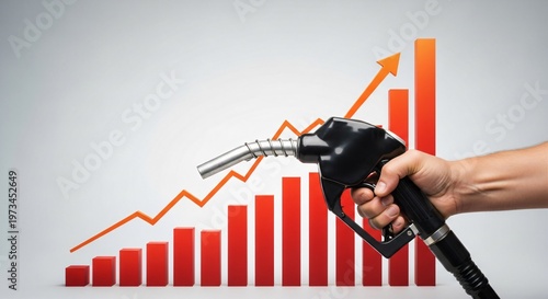 Hand holding a fuel nozzle in front of a rising bar chart, plain light grey background, price hike concept.
