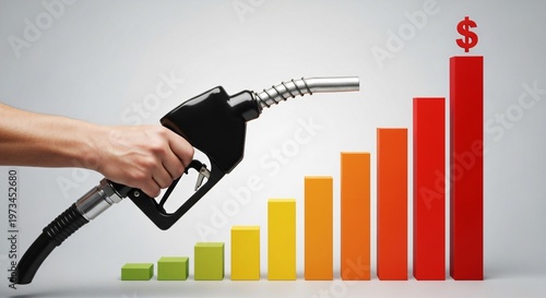 Hand holding a fuel nozzle in front of a rising bar chart, plain light grey background, price hike concept.