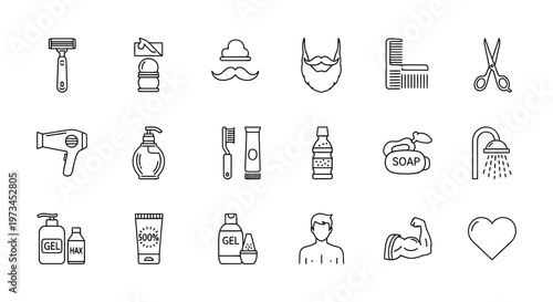 A comprehensive vector illustration showcasing a diverse collection of essential men's grooming, hygiene,