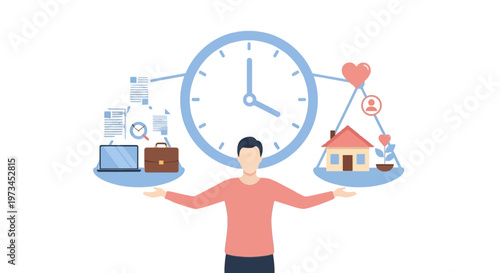 Work life balance concept illustration, man balancing professional career and family life with time management.