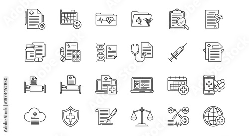A comprehensive and versatile collection of modern vector outline icons illustrating essential healthcare