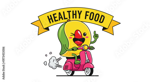 Energetic cartoon mango character rides a pink motor scooter with speed under a curved yellow banner promoting healthy food.