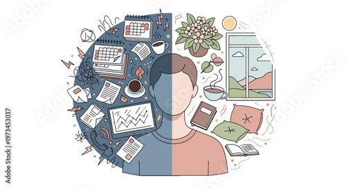 Work Life Balance Concept, Man Between Stressful Office Work and Calm Home Life, Mental Health Wellness Vector Illustration.