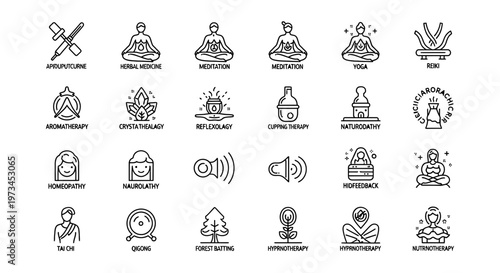 Vector graphic collection showcasing diverse alternative medicine icons featuring meditation yoga aromatherapy acupuncture