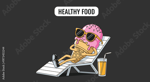 Relaxed cartoon ice cream cone wearing sunglasses loungers on a beach chair with a refreshing drink under a healthy food banner.