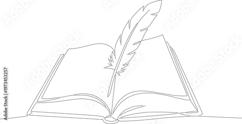 Continuous one line drawing of open book with feather quill pen minimalist education writing line art vector