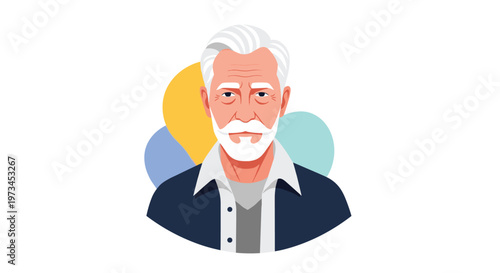 Distinguished elderly man with a well-groomed white beard and hair looks forward against a soft abstract colorful background.