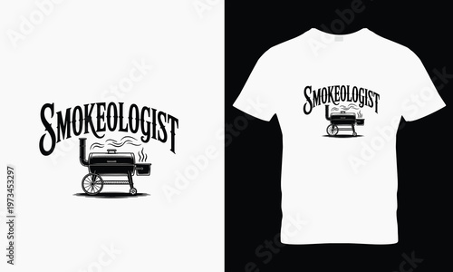 Smokeologist text with offset smoker grill on white t shirt