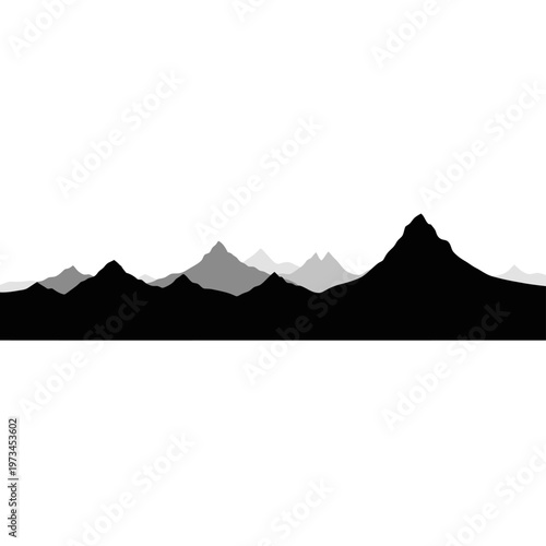 Monochromatic Mountain Range Silhouette Against White Background.