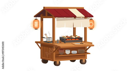 Japanese Street Food Cart Yatai Traditional Food Stall Flat Vector Illustration