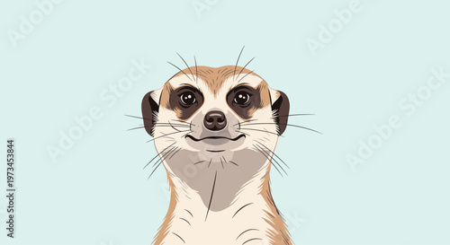 Close up portrait of a curious meerkat looking directly at the camera with a gentle expression against a plain light blue background.