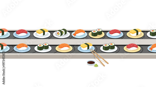 Japanese Sushi on Conveyor Belt Kaiten Sushi Restaurant Flat Vector Illustration