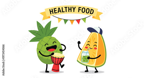 Cheerful cartoon pineapple playing a drum and orange slice drinking a smoothie celebrate together under a healthy food banner.