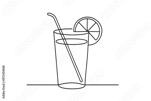 Minimalist Lemonade Drawing. "Summer Drink". Minimalistic one-line drawing glass of lemonade with lemon wedge