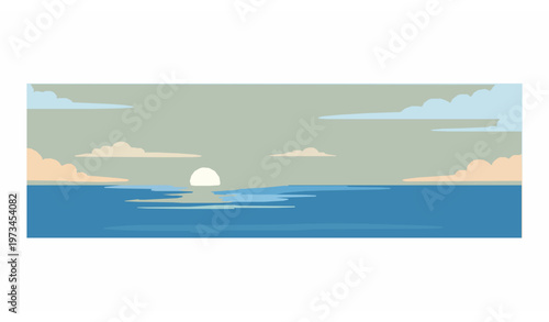 Title:
Dramatic sunrise over ocean with glowing light and gradient sky vector illustration isolated on white background for travel and nature design