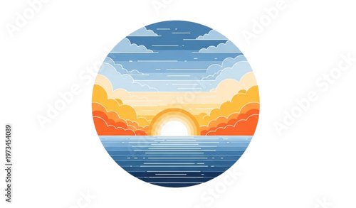 Title:
Minimal circular sunset and sunrise sea horizon vector illustration isolated on white background for seasonal nature and branding design