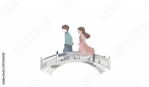 Title:
Boy and girl walking on curved bridge hand drawn vector illustration isolated on white background for storybook and lifestyle themes