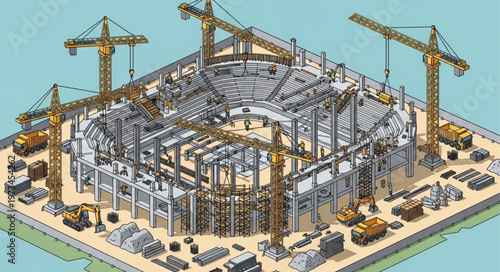 Large building construction site with multiple tower cranes.