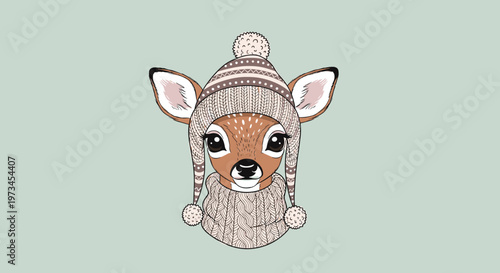 Adorable illustration of a baby deer wearing a warm knitted winter hat and thick scarf against a soft green background.