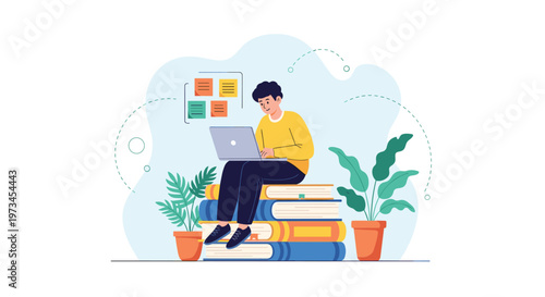 Determined boy sits on a high stack of books while working on his laptop in a room filled with potted plants and colorful notes.