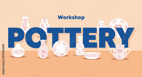 Promotional graphic for a pottery workshop featuring the word pottery in large blue letters surrounded by floral ceramic vessels.