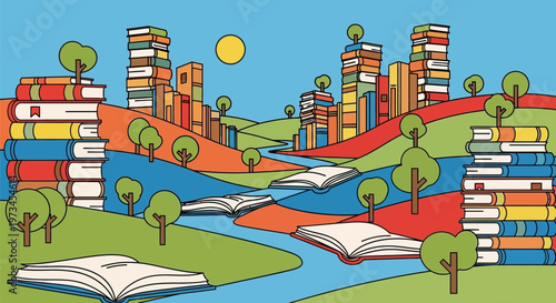 Vibrant landscape with rivers of knowledge and cities of books.