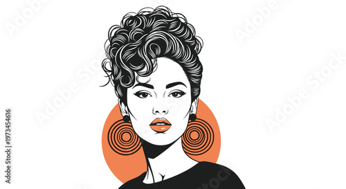 Dramatic black and white portrait of a woman with a large curly updo and bold spiral earrings against an orange circle.