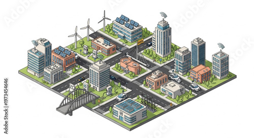 Isometric Urban City Blocks Model With Buildings.