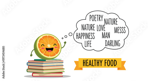 Happy cartoon orange slice sits on a stack of books while thinking of various topics like nature, poetry, and happiness.