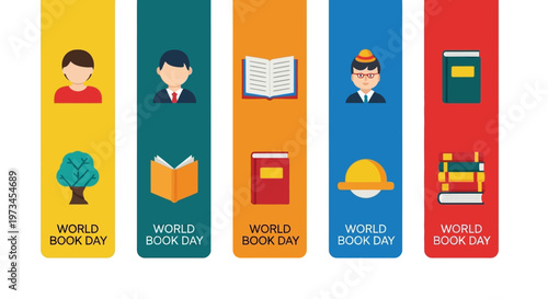 World Book Day bookmarks with diverse icons celebrating reading and knowledge.