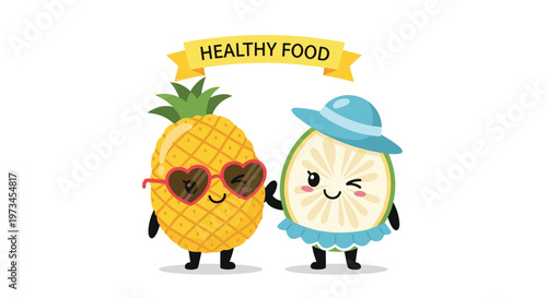 Cheerful cartoon pineapple wearing heart glasses standing next to a cute tropical fruit character with a blue sun hat and little skirt.